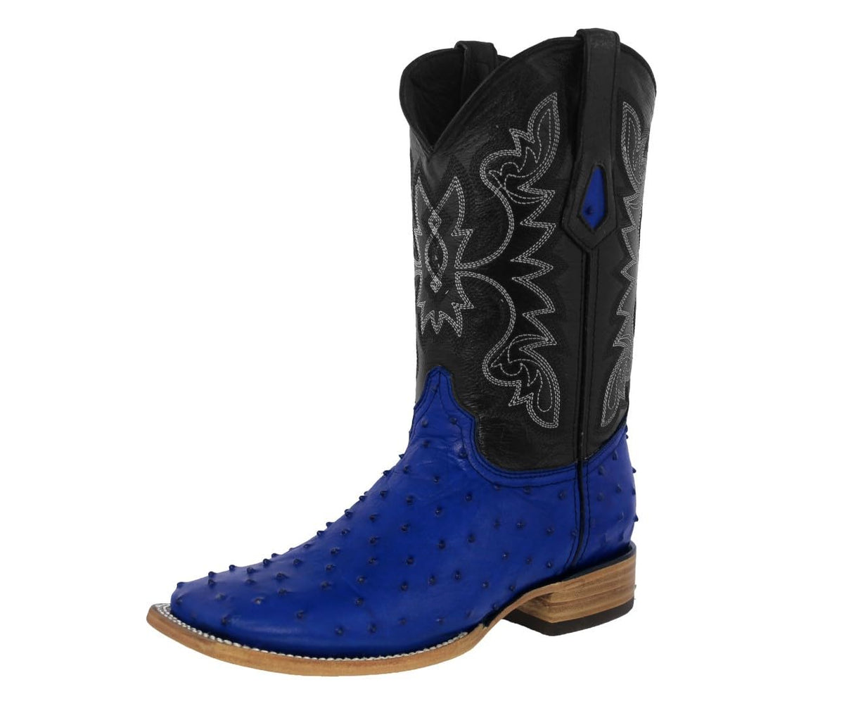 Blue Ostrich Quill Print Leather Square Toe Cowboy Boots E2564