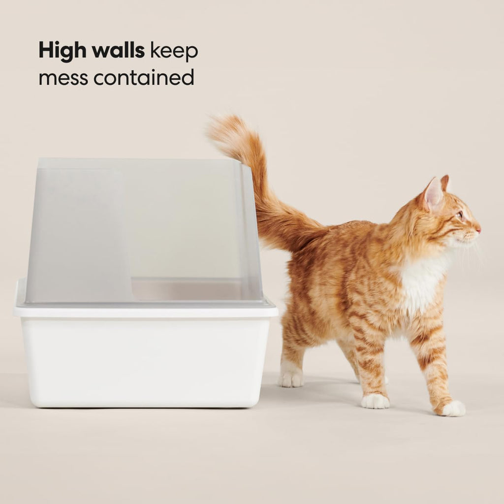 High Sided Cat Litter Box Open Top Anti-Stick Plastic White/Gray I247