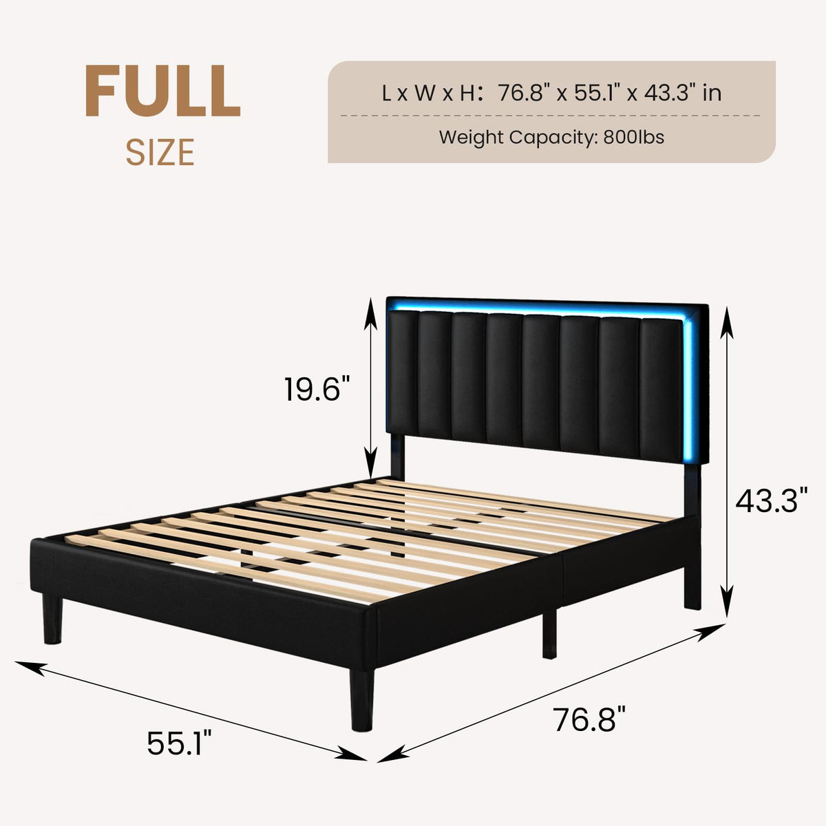 Full Size Upholstered Platform Bed Frame with Headboard, RGB LED Lights, Black A529