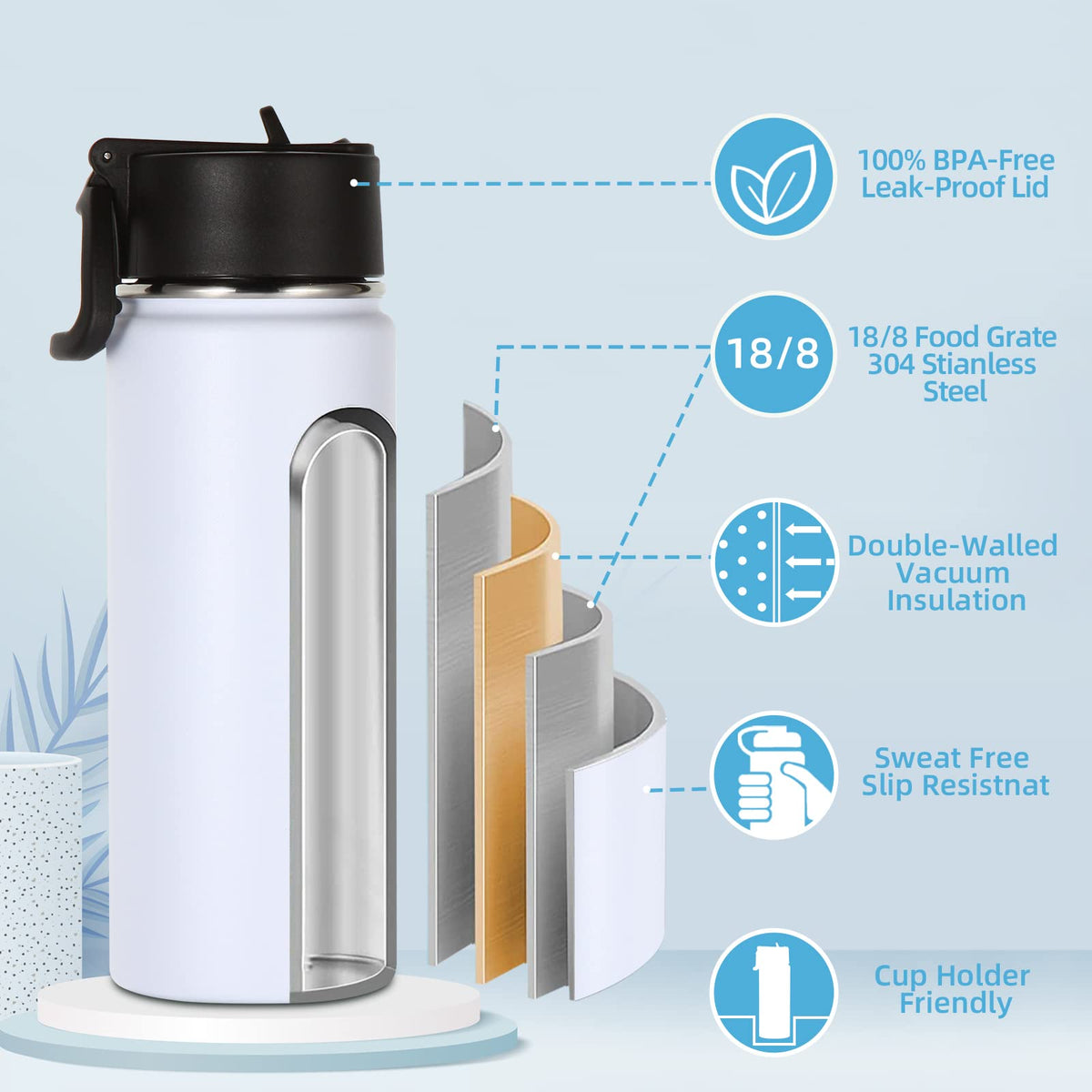 16 OZ Insulated Stainless Steel Kids Water Bottle 8 Pack with Straw Lid X807