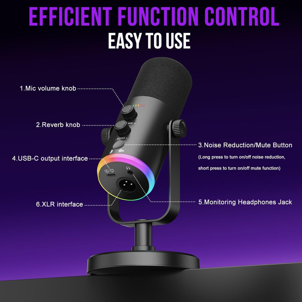 USB-C/XLR Dynamic Microphone with RGB Light, Mute Button, Desktop Stand, Headphones Jack Y50313