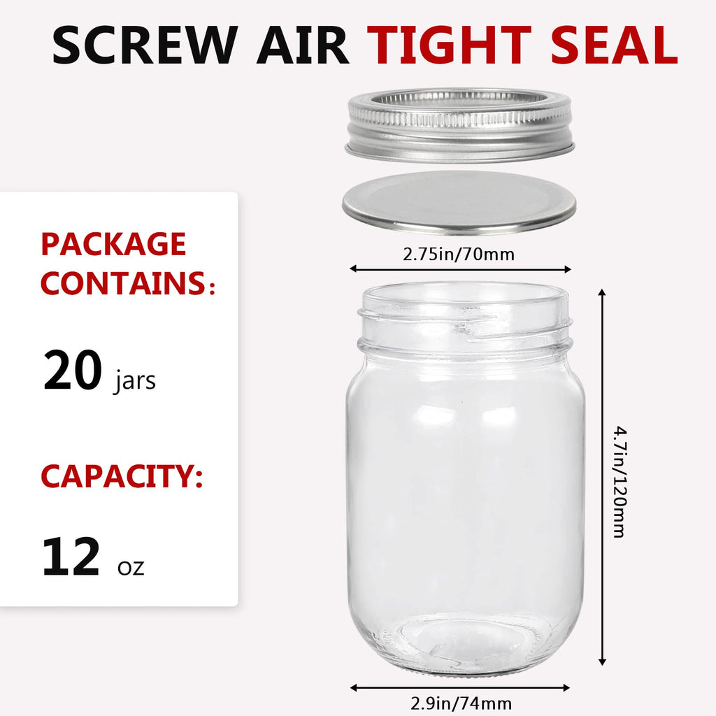 12 oz Glass Mason Jar, 20 Pack Canning Jars with Lids A31120