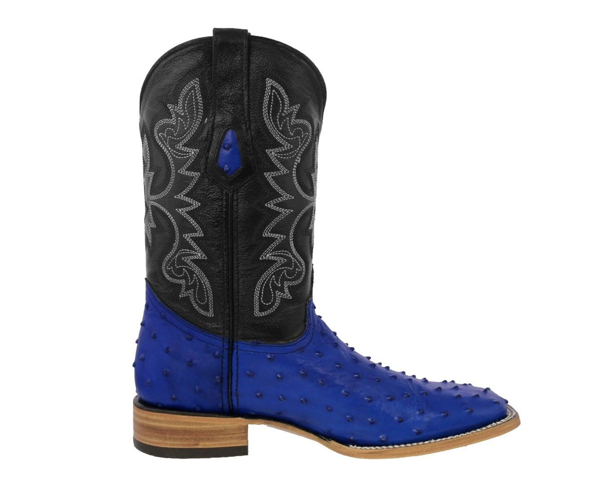 Blue Ostrich Quill Print Leather Square Toe Cowboy Boots E2564