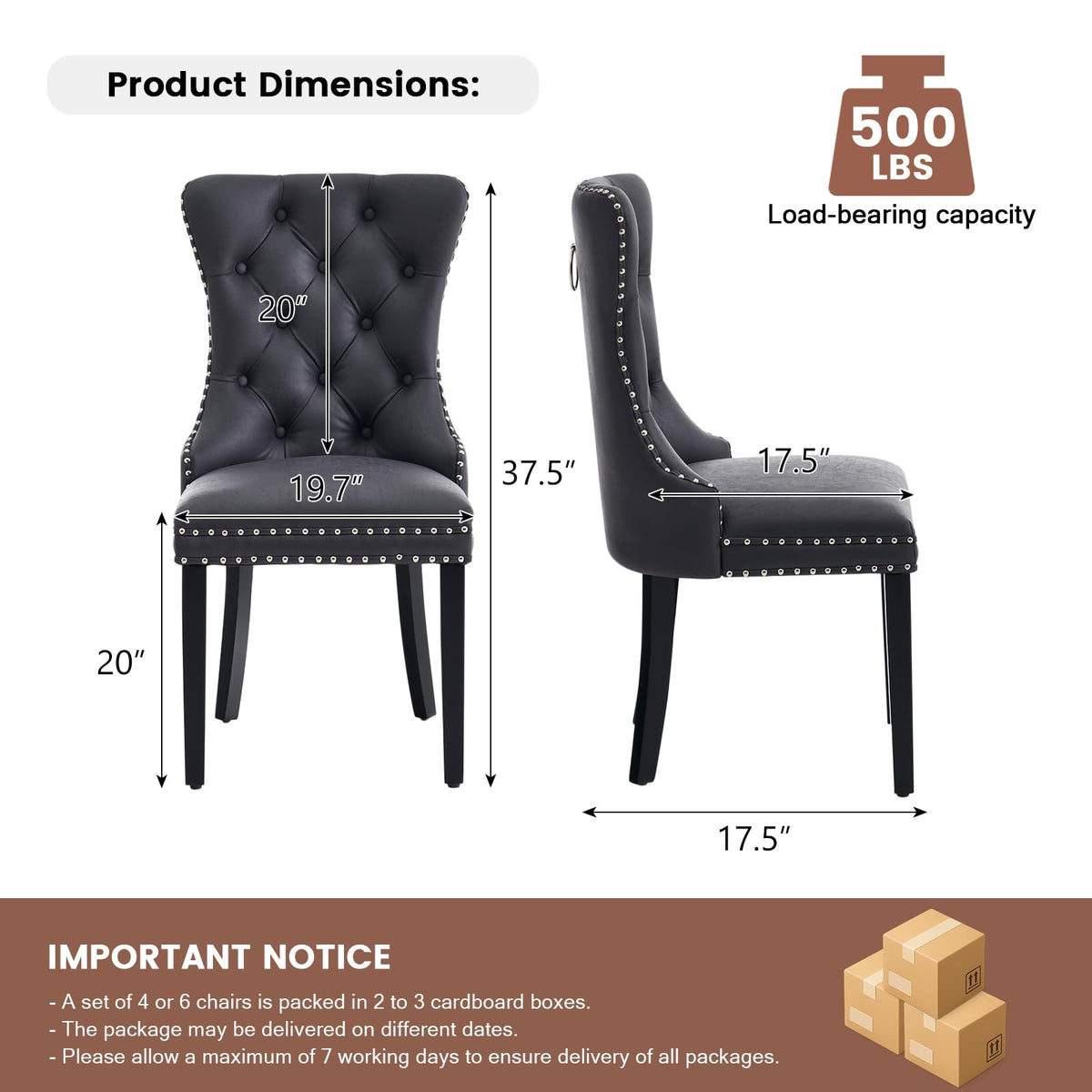 Black PU Leather Dining Chairs Set of 6 with Nailhead Trim and Solid Wood Legs U338974