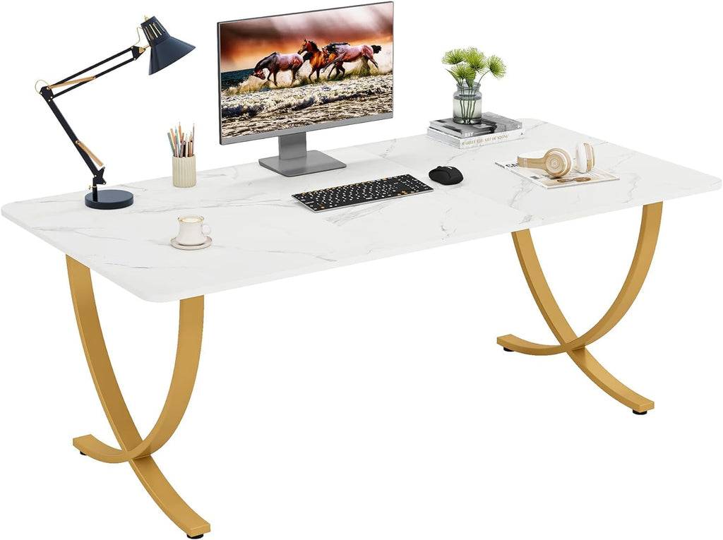 63” Large White and Gold Office Desk J67901