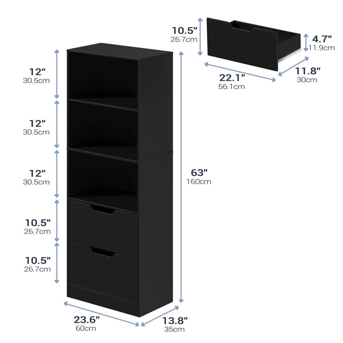 63" H Black Bookshelf with 2 Drawers M8182