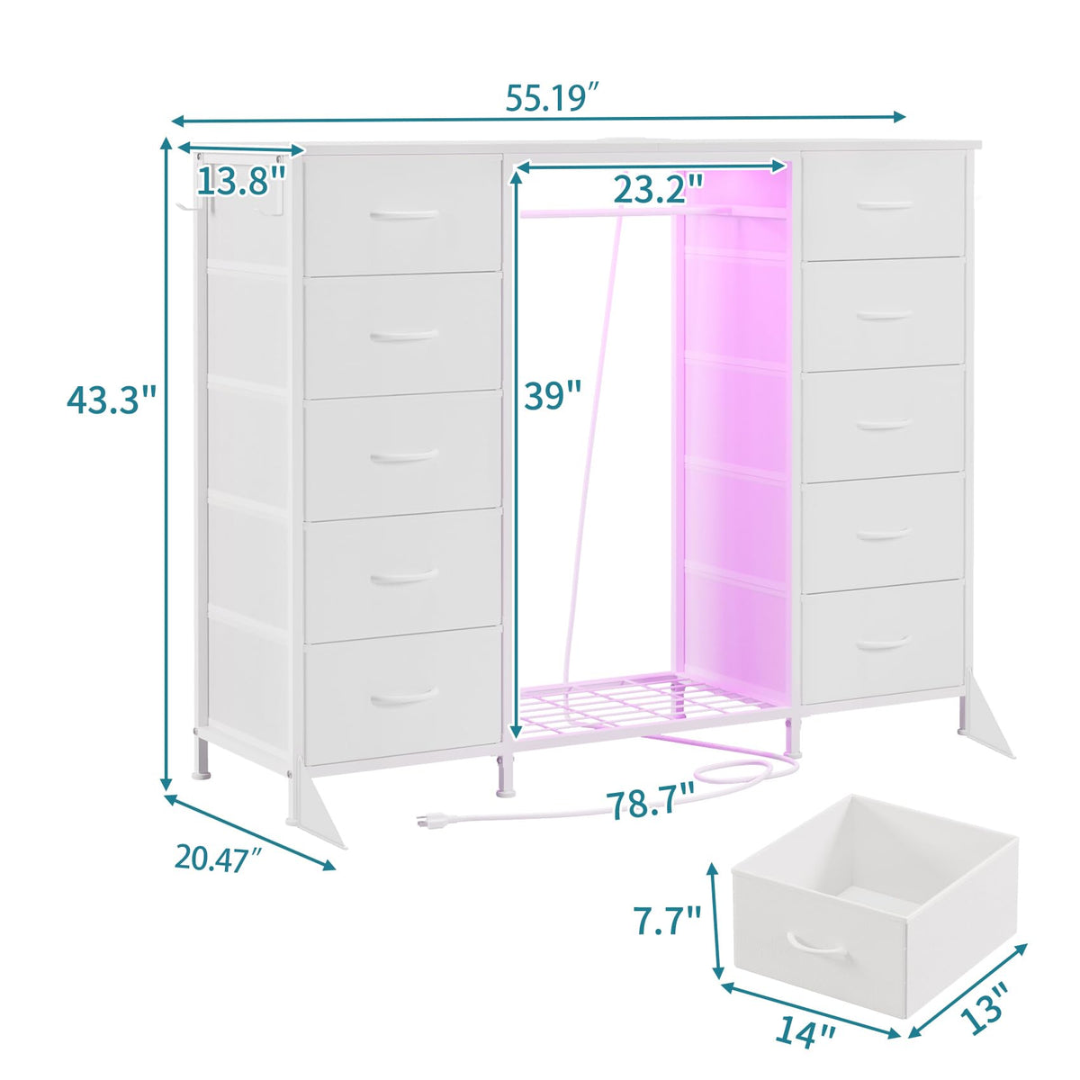 55"W Dresser with Hanging Rack, 10 Fabric Drawers & Hooks B284