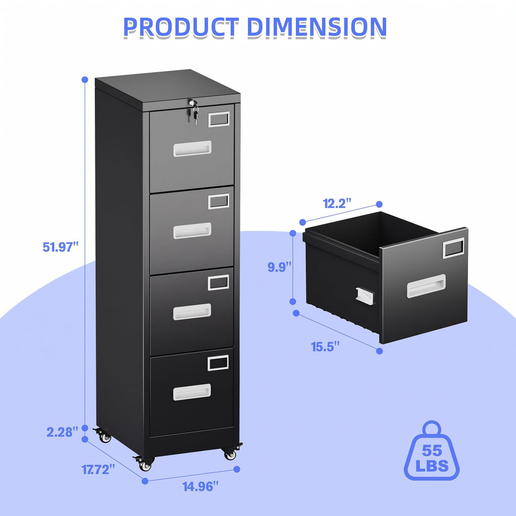 4 Drawer Metal File Cabinet with Lock, Black K115