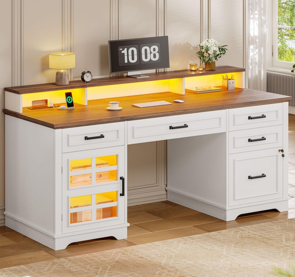 White Wood Executive Desk with Drawers and Storage Cabinet B812143