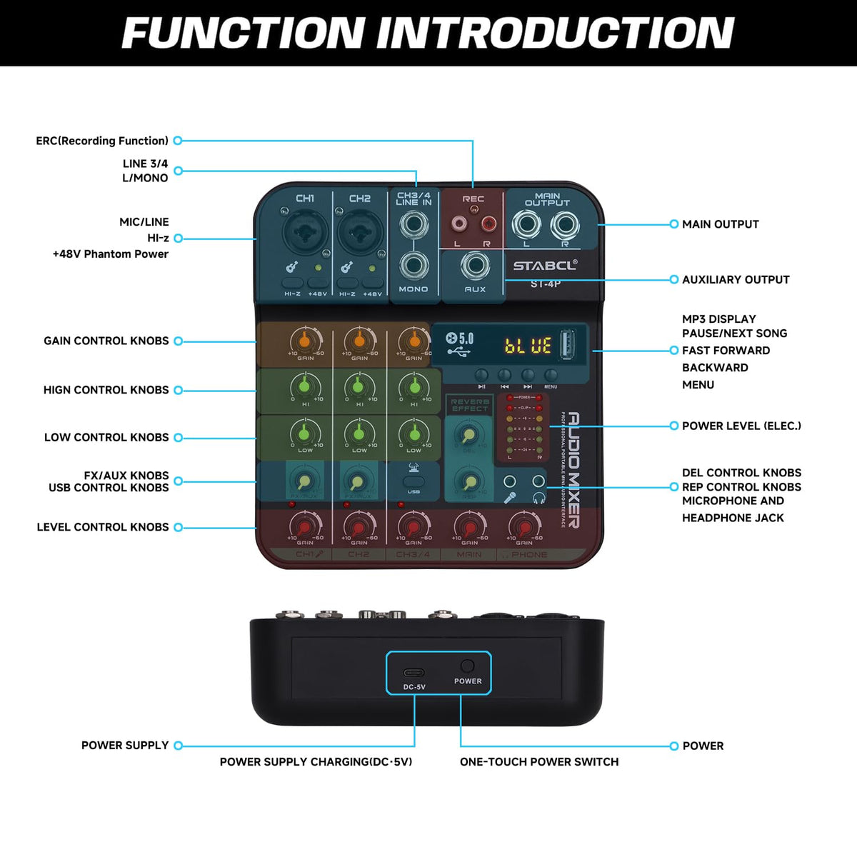 4 Channel Audio Mixer with USB BT 48V Phantom Power D431