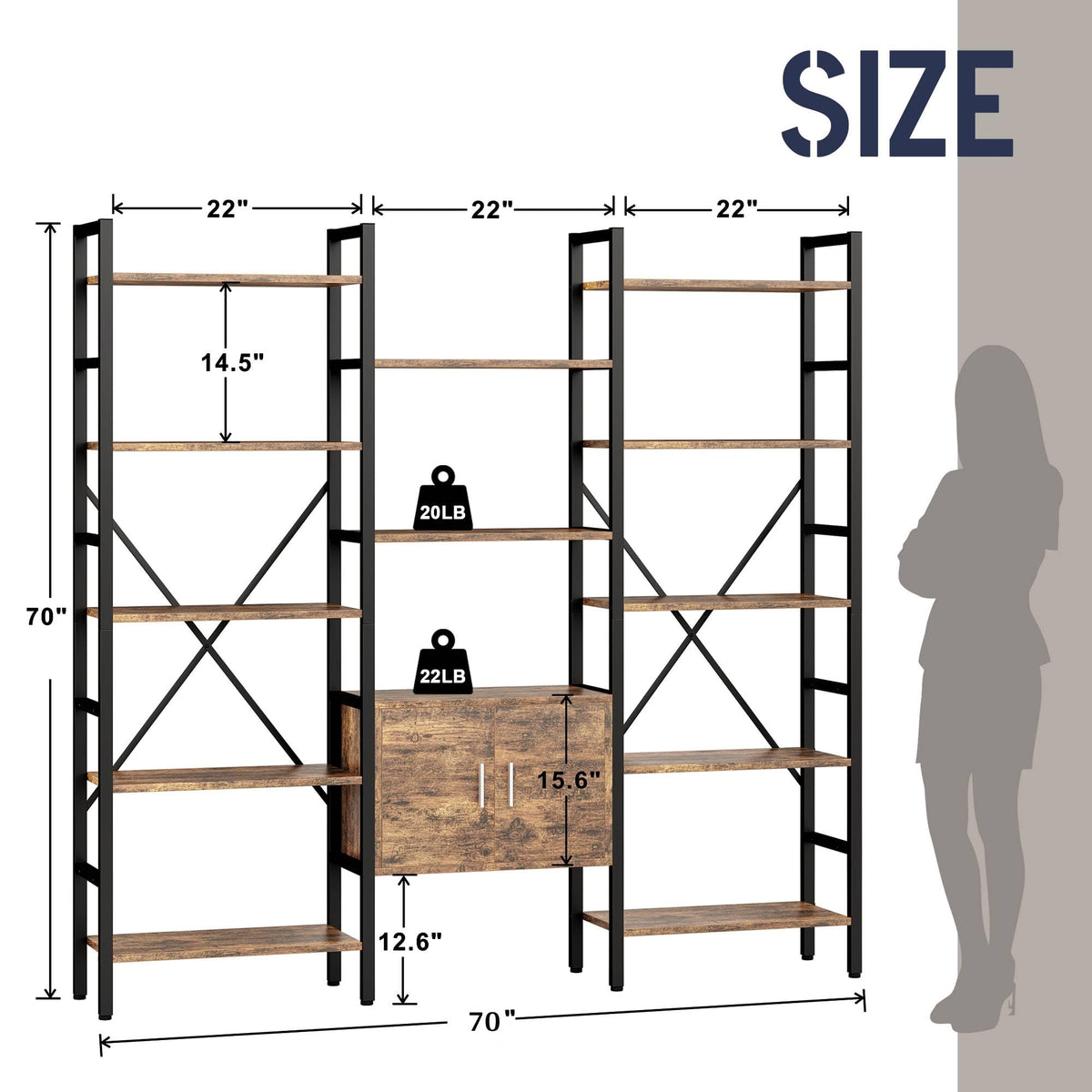 70 x 70" 5 Tier Bookcase with Storage Cabinet Rustic Brown X7671
