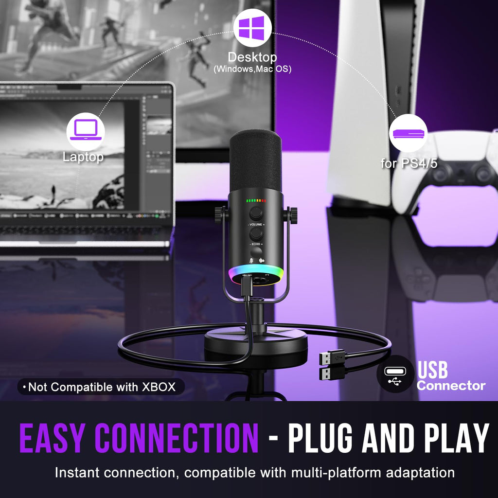 USB-C/XLR Dynamic Microphone with RGB Light, Mute Button, Desktop Stand, Headphones Jack Y50313
