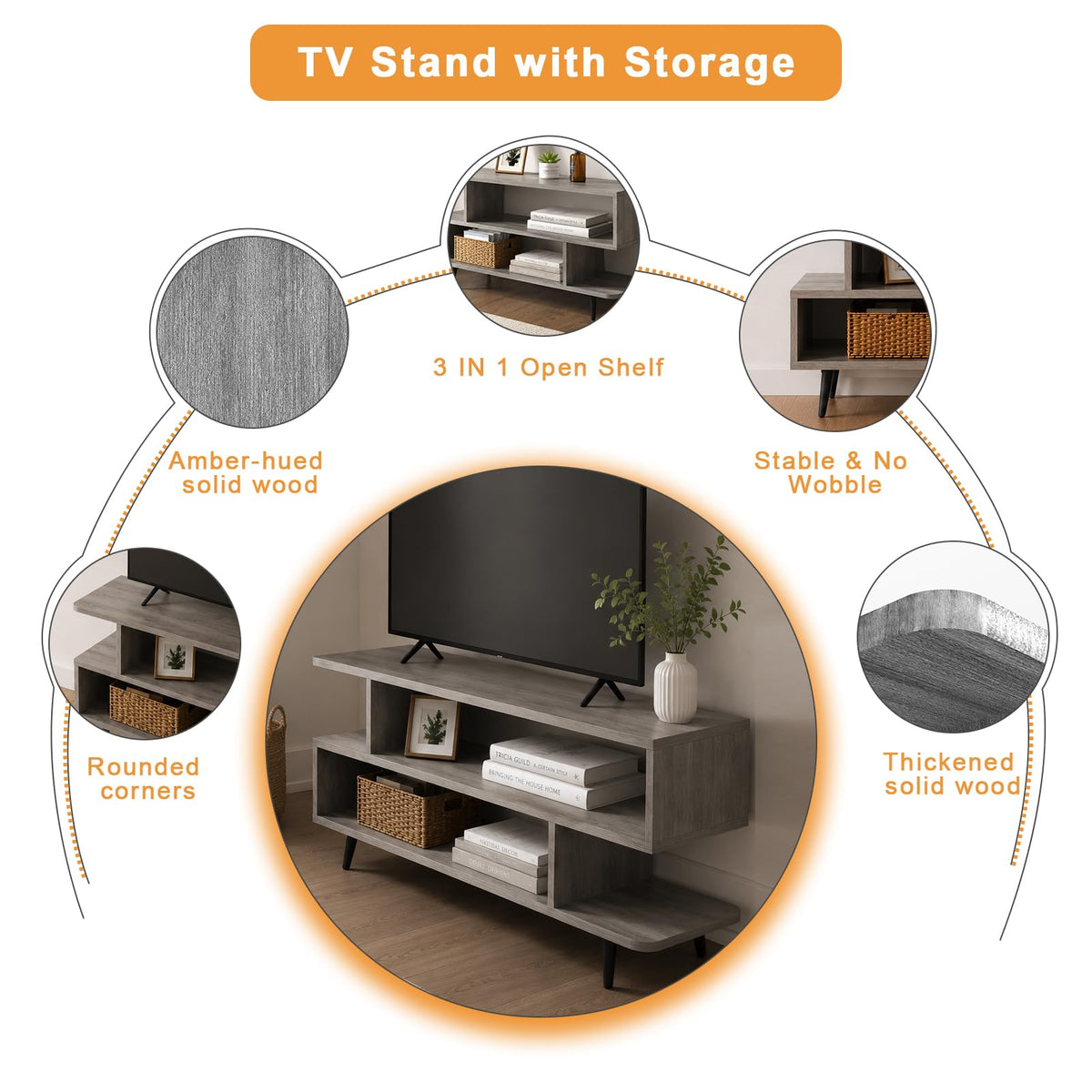 45 inch Light Grey TV Stand with 3-Tier Open Storage Shelves S148