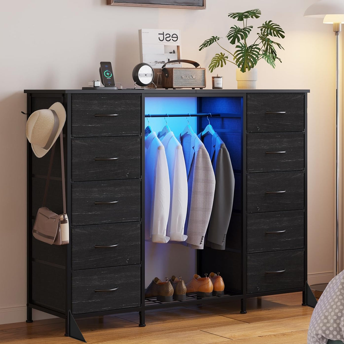 55"W Dresser with Hanging Rack, 10 Fabric Drawers & Hooks B284