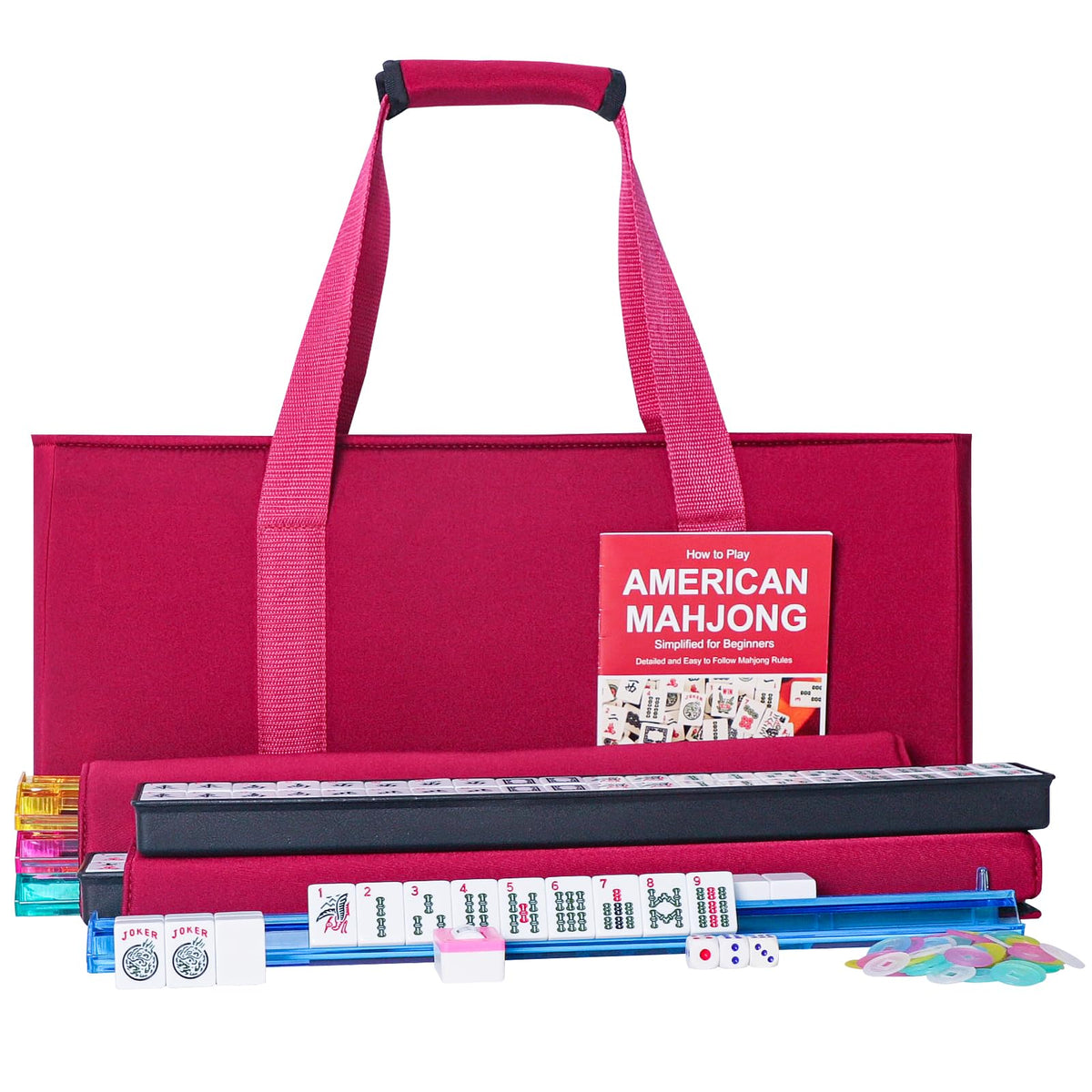 American Mahjong Set 166 White Tiles with Red Bag and Racks A1961
