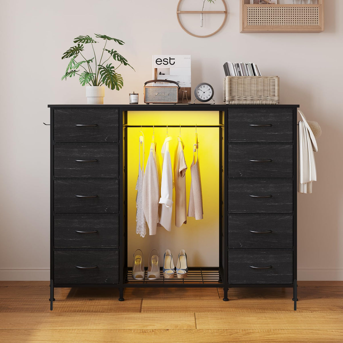 55"W Dresser with Hanging Rack, 10 Fabric Drawers & Hooks B284