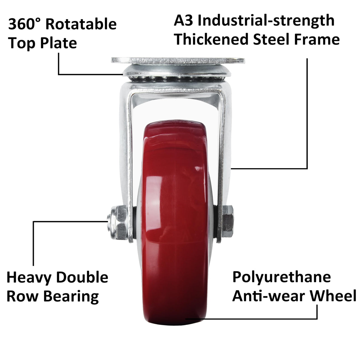 4” Swivel Plate Casters Set of 4 Heavy Duty Polyurethane Wheels Red C823