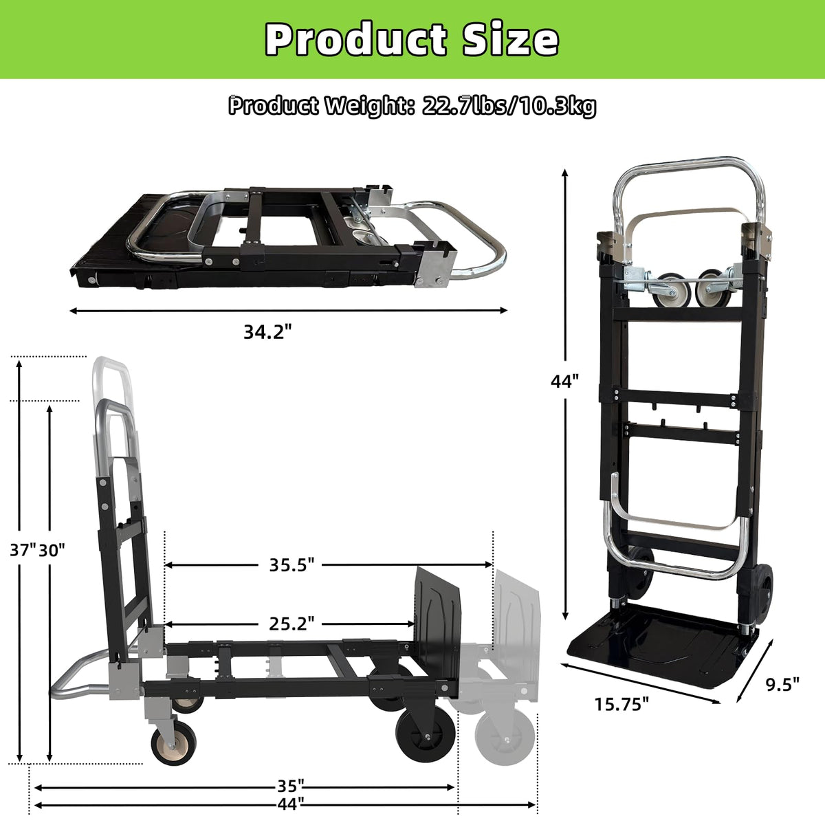 3 in 1 Folding Hand Truck, 600Lbs Capacity Collapsible Cart with Retractable Handle and 4 Rubber Wheels C50256