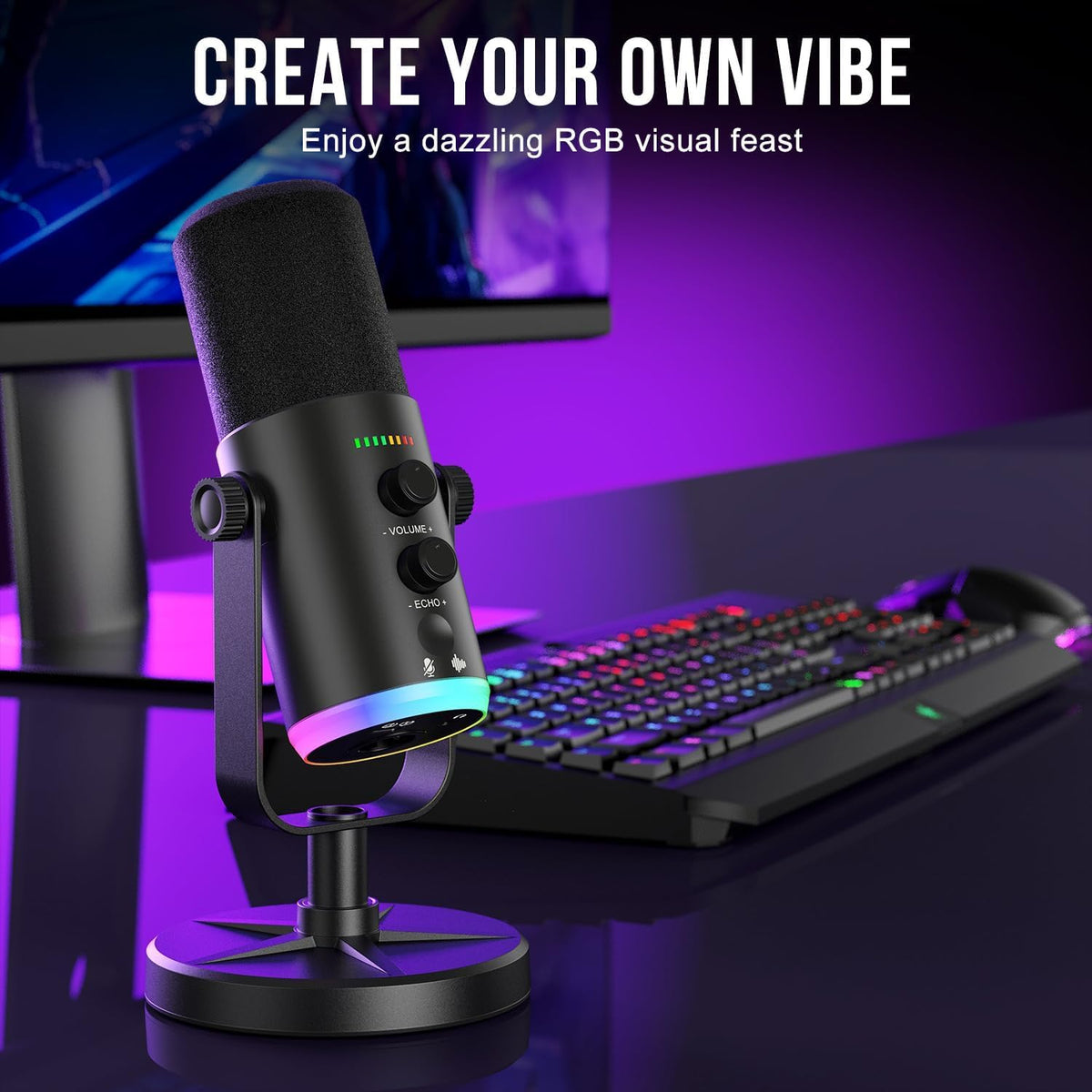 USB-C/XLR Dynamic Microphone with RGB Light, Mute Button, Desktop Stand, Headphones Jack Y50313