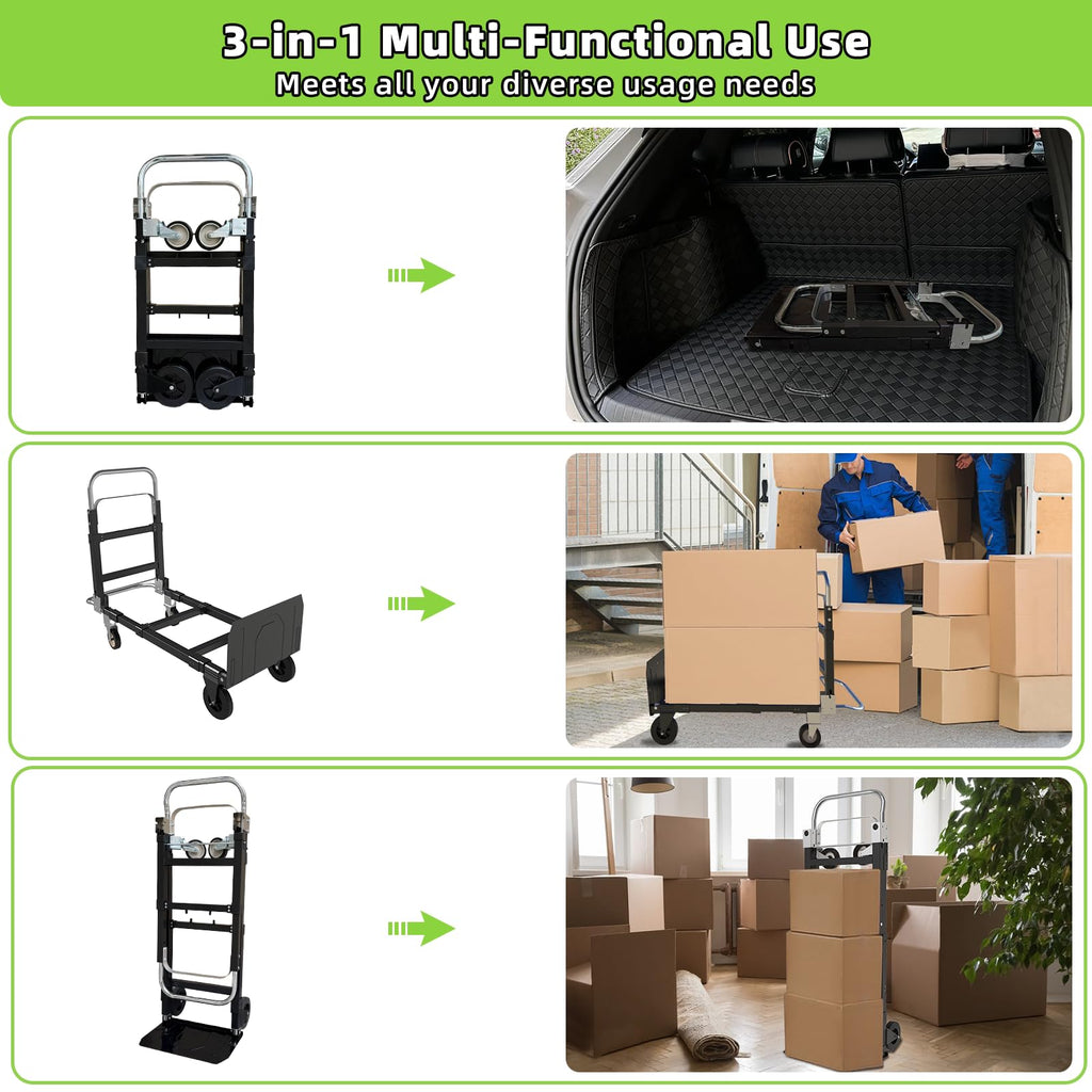 3 in 1 Folding Hand Truck, 600Lbs Capacity Collapsible Cart with Retractable Handle and 4 Rubber Wheels C50256
