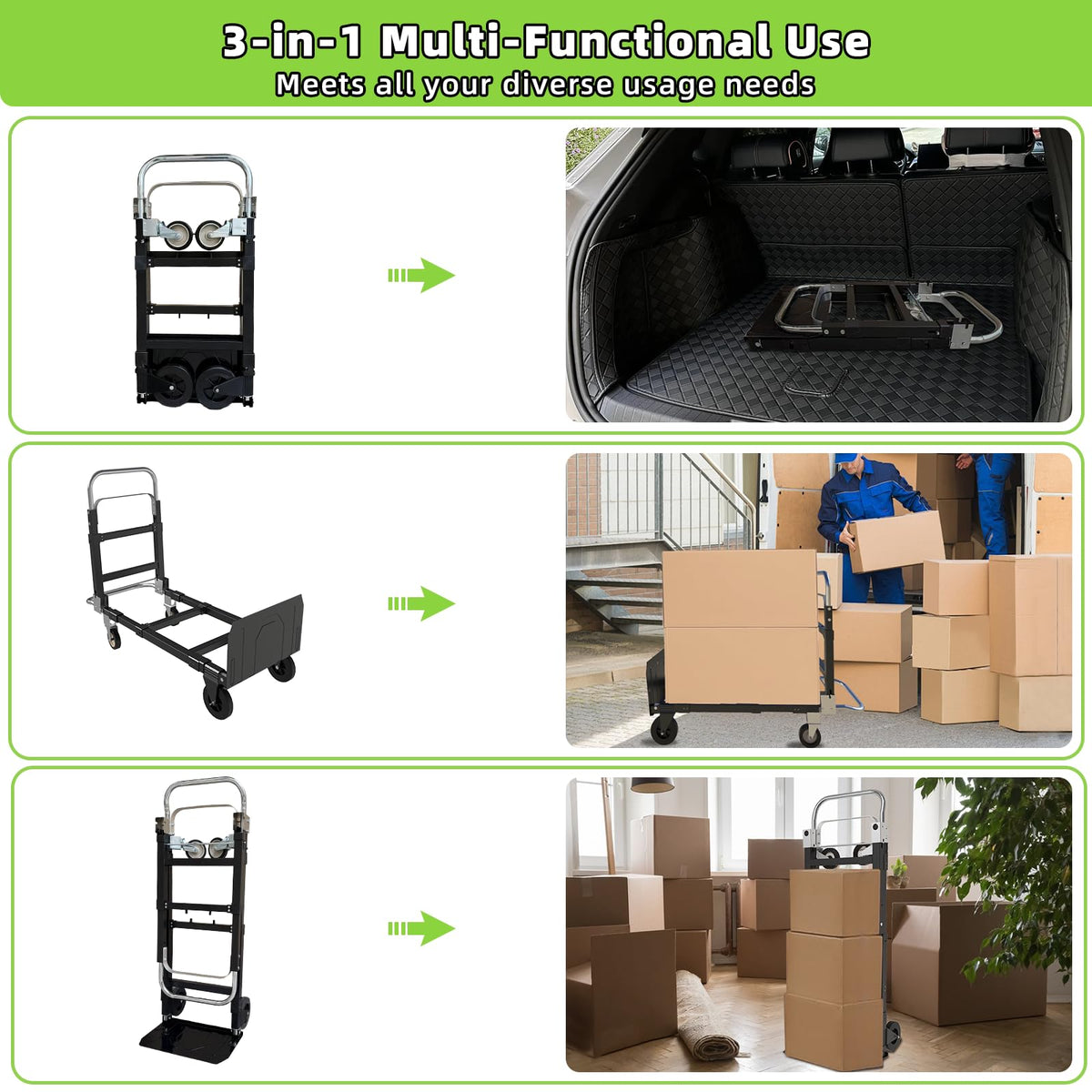 3 in 1 Folding Hand Truck, 600Lbs Capacity Collapsible Cart with Retractable Handle and 4 Rubber Wheels C50256