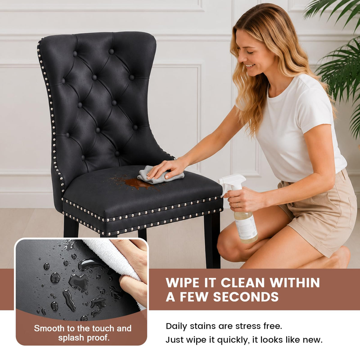 Black PU Leather Dining Chairs Set of 6 with Nailhead Trim and Solid Wood Legs U338974