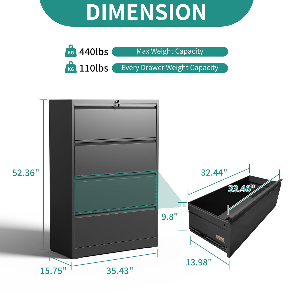 4 Drawer Black Metal File Cabinet with Lock N12886