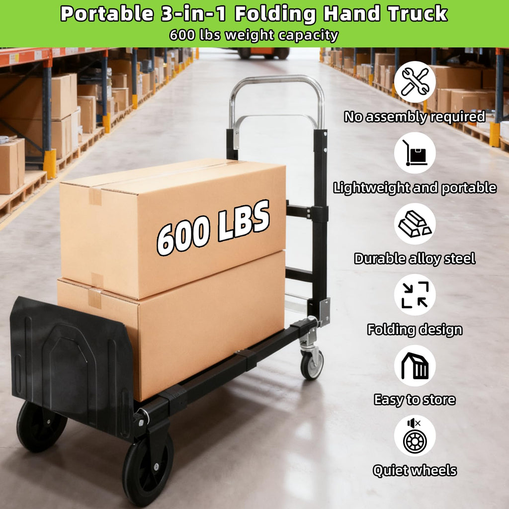 3 in 1 Folding Hand Truck, 600Lbs Capacity Collapsible Cart with Retractable Handle and 4 Rubber Wheels C50256