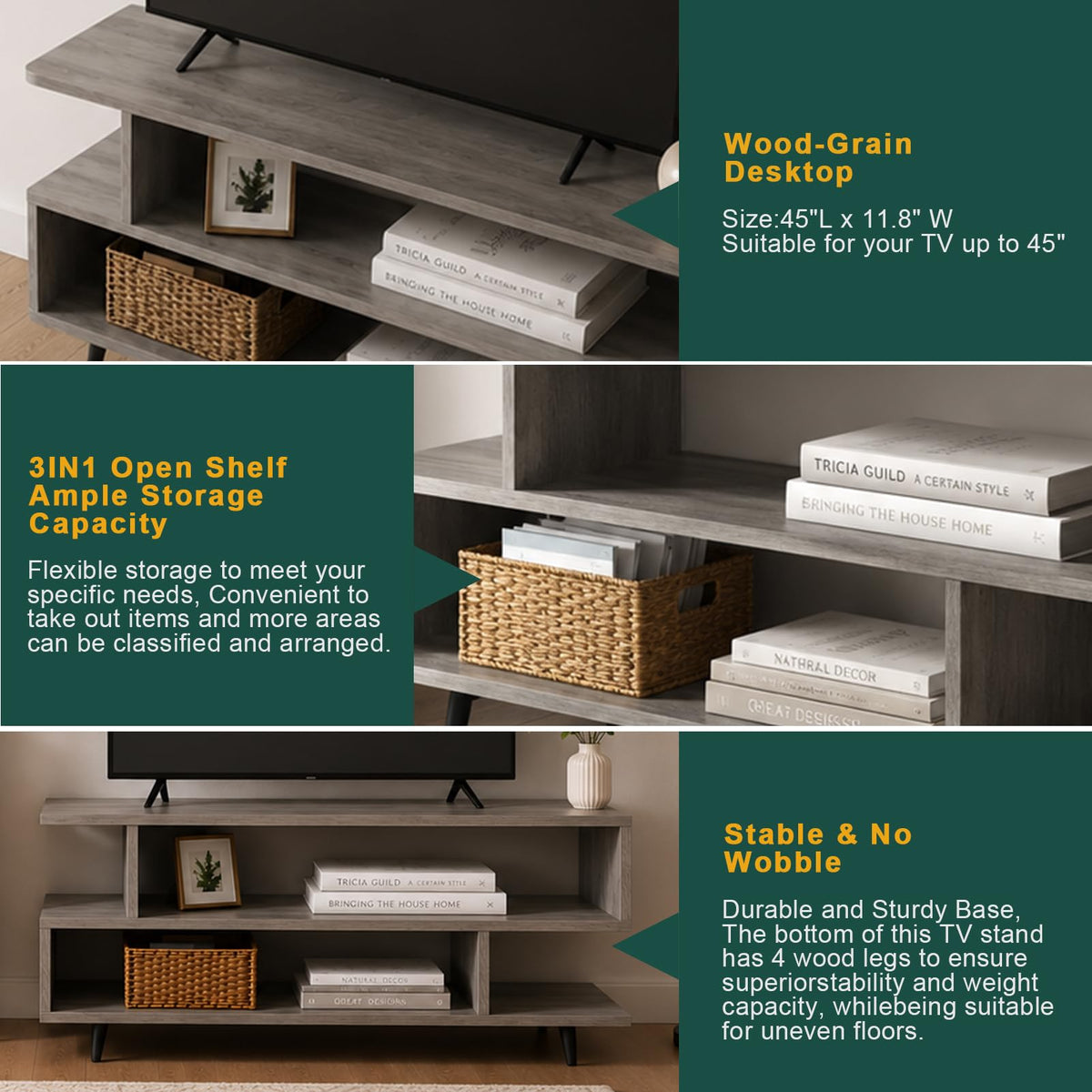 45 inch Light Grey TV Stand with 3-Tier Open Storage Shelves S148