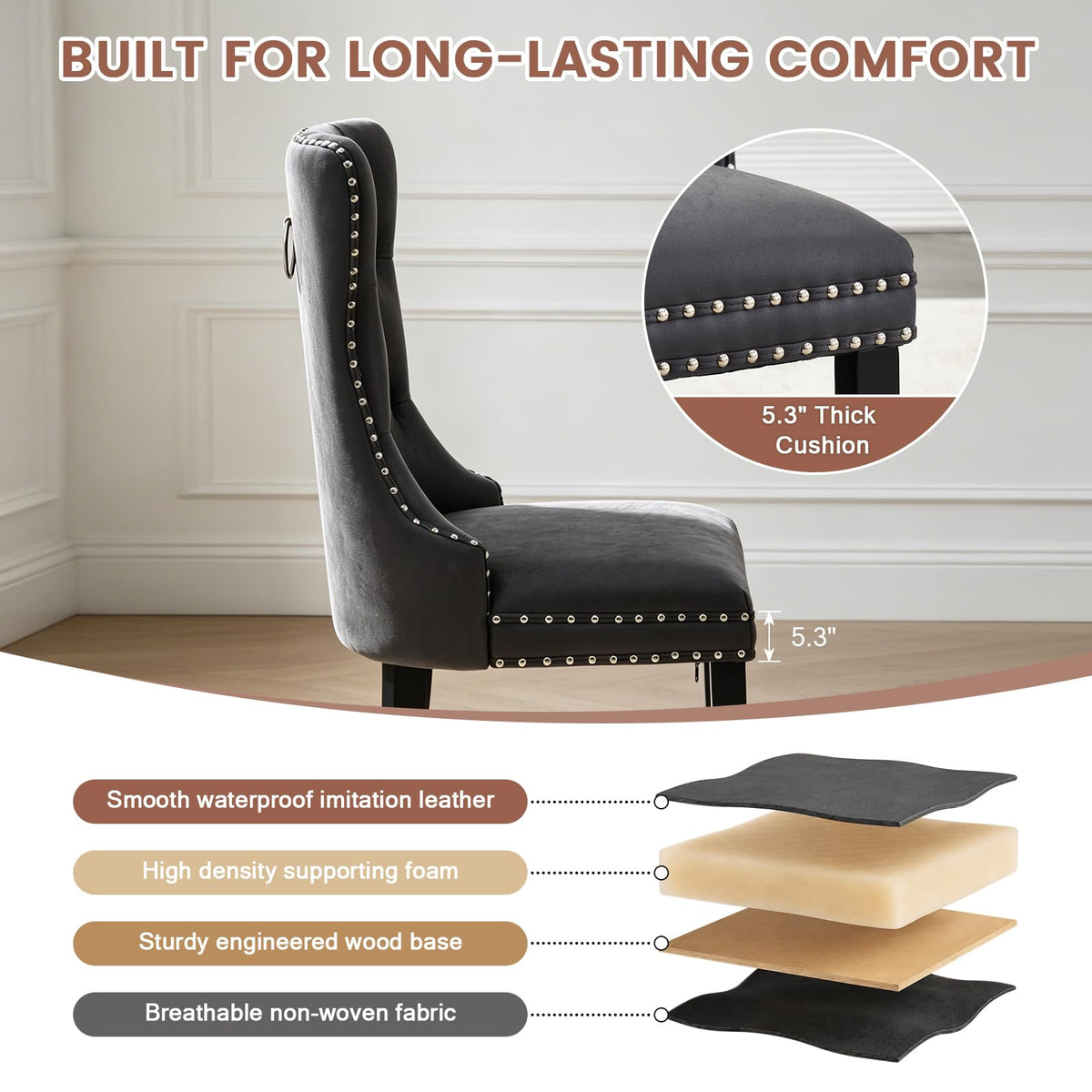 Black PU Leather Dining Chairs Set of 6 with Nailhead Trim and Solid Wood Legs U338974