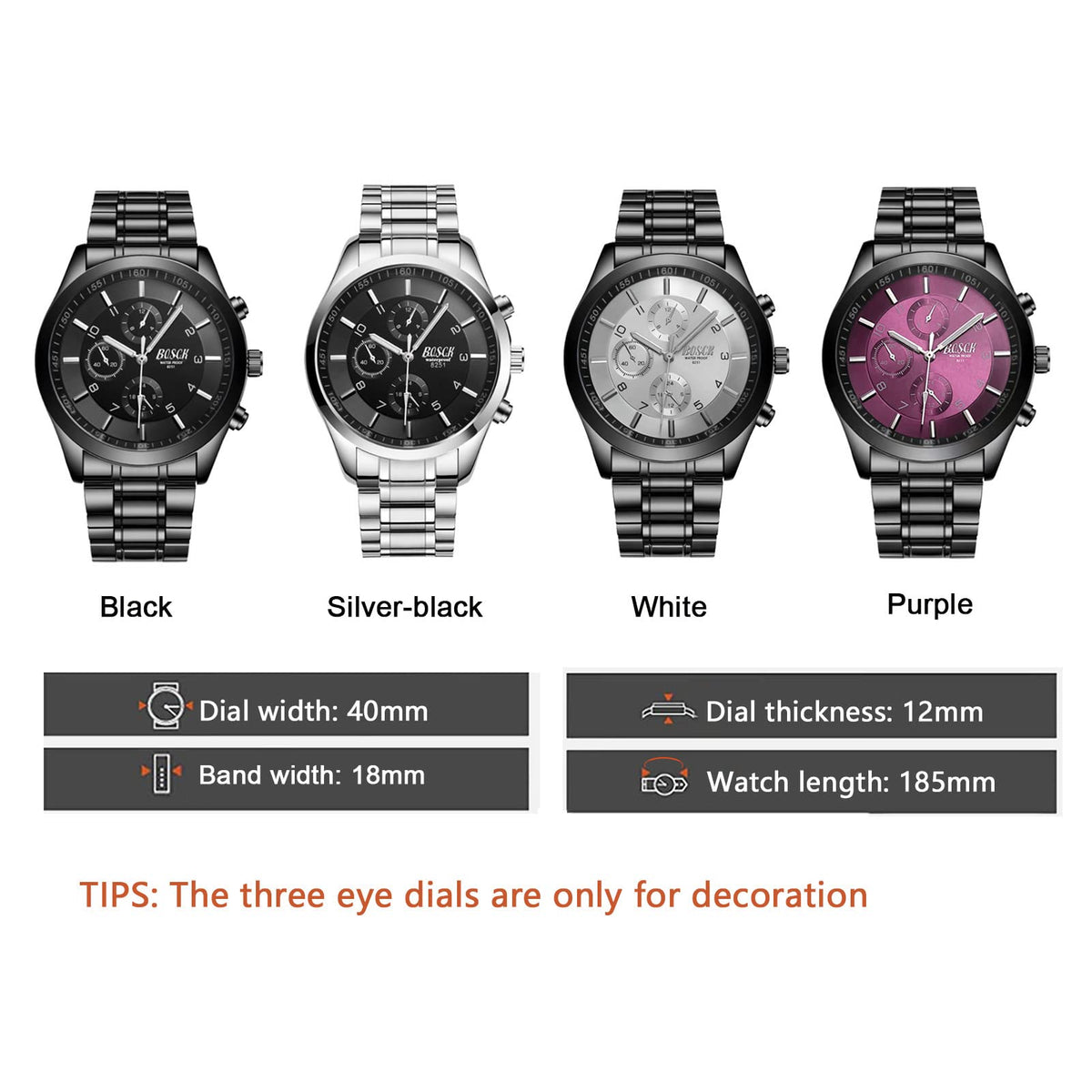 40mm Analog Watch with Auto Date & Day Display, Stainless Steel, 30M Waterproof D383