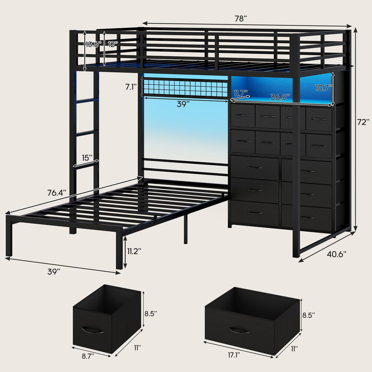 Black Twin Over Twin Bunk Bed with Storage Drawers & Bookshelf H39631