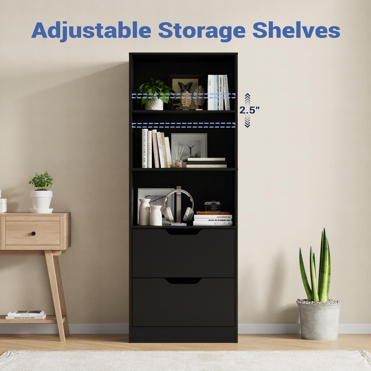 63" H Black Bookshelf with 2 Drawers M8182