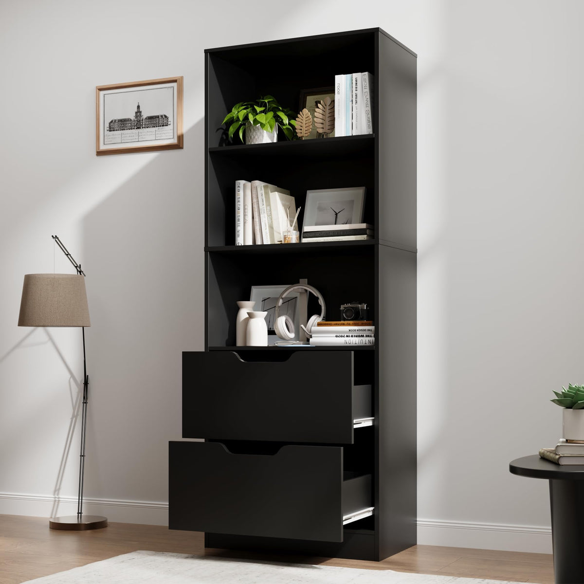 63" H Black Bookshelf with 2 Drawers M8182