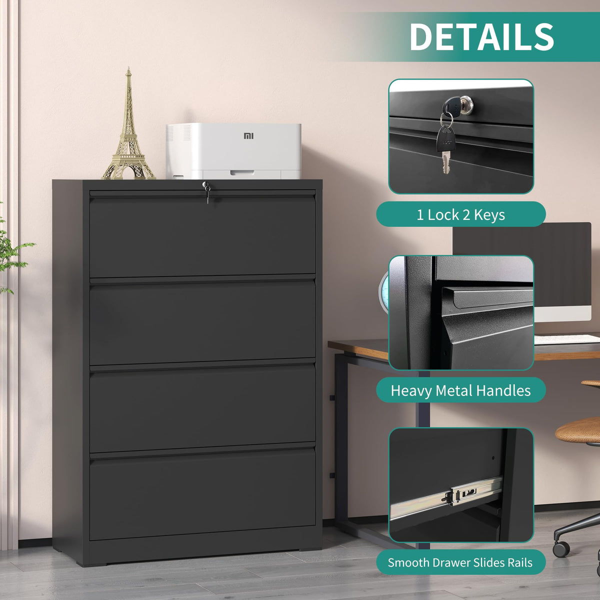 4 Drawer Black Metal File Cabinet with Lock N12886