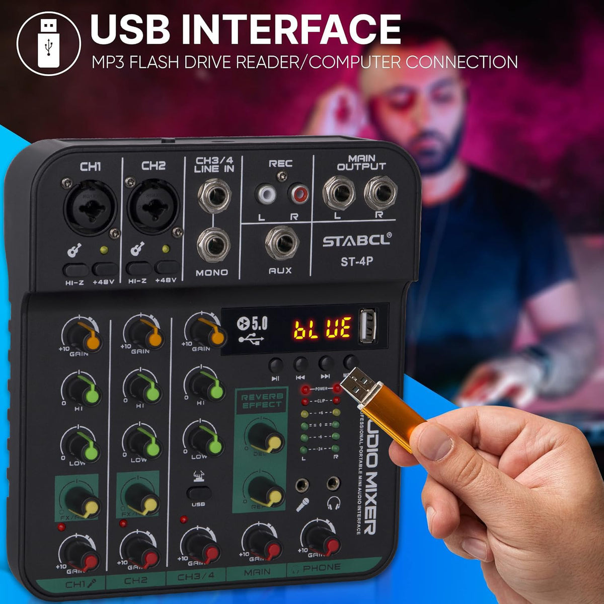 4 Channel Audio Mixer with USB BT 48V Phantom Power D431