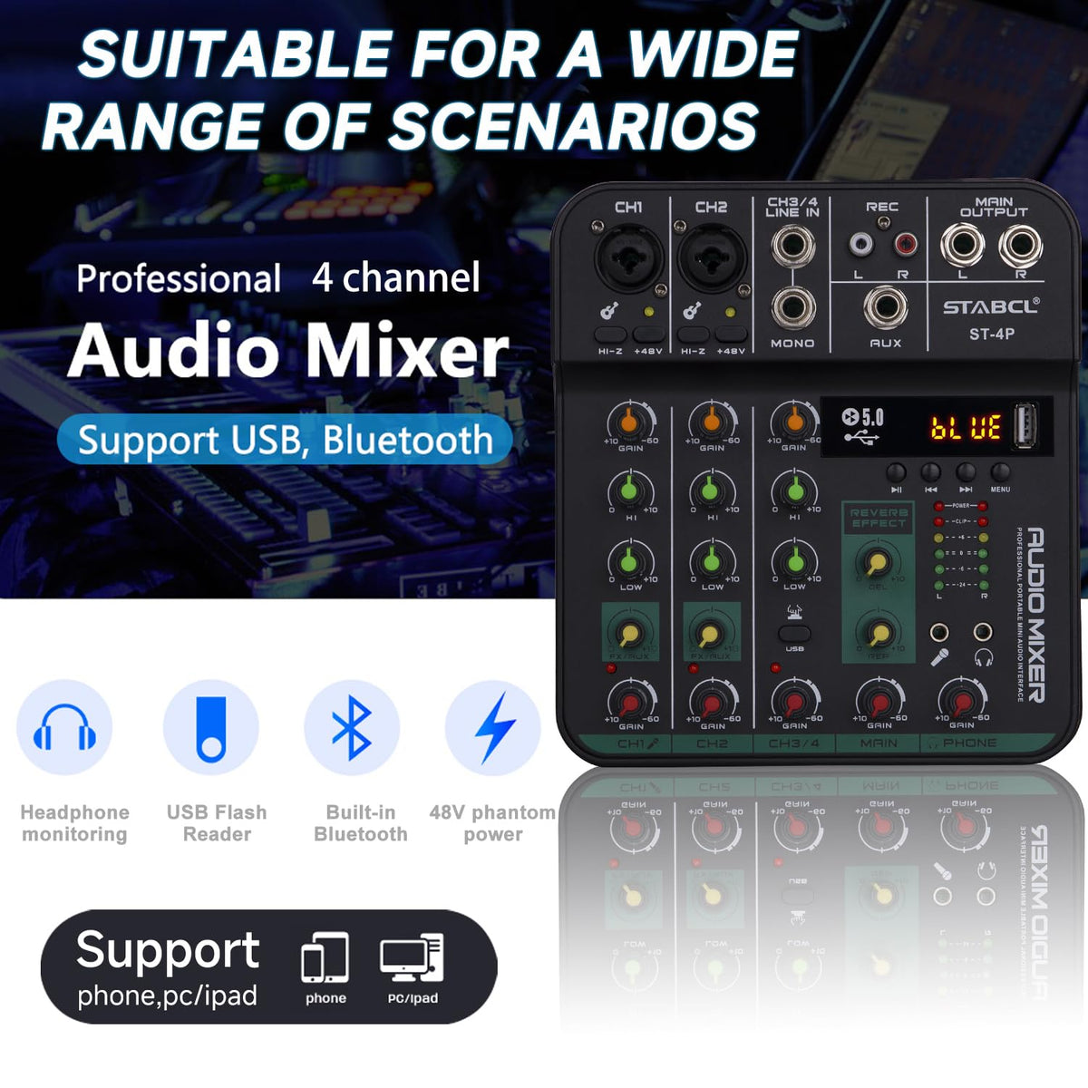 4 Channel Audio Mixer with USB BT 48V Phantom Power D431
