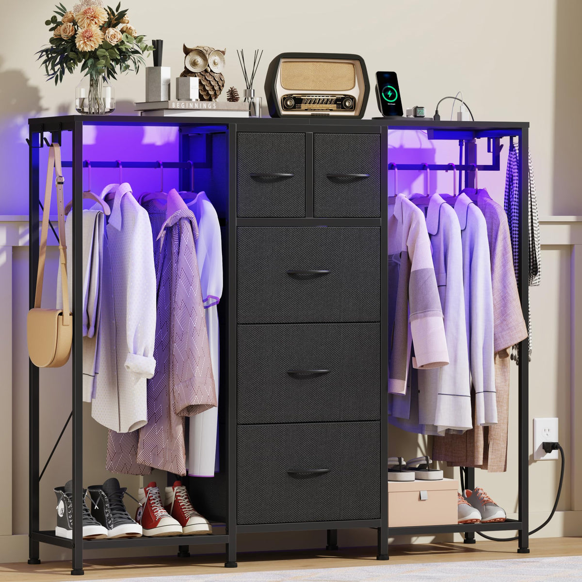 Black 5-Drawer Dresser with 2 Hanging Racks M411693