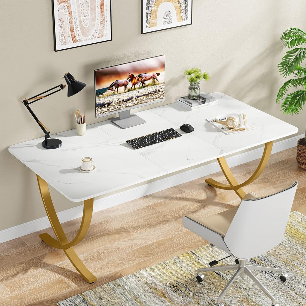 63” Large White and Gold Office Desk J67901