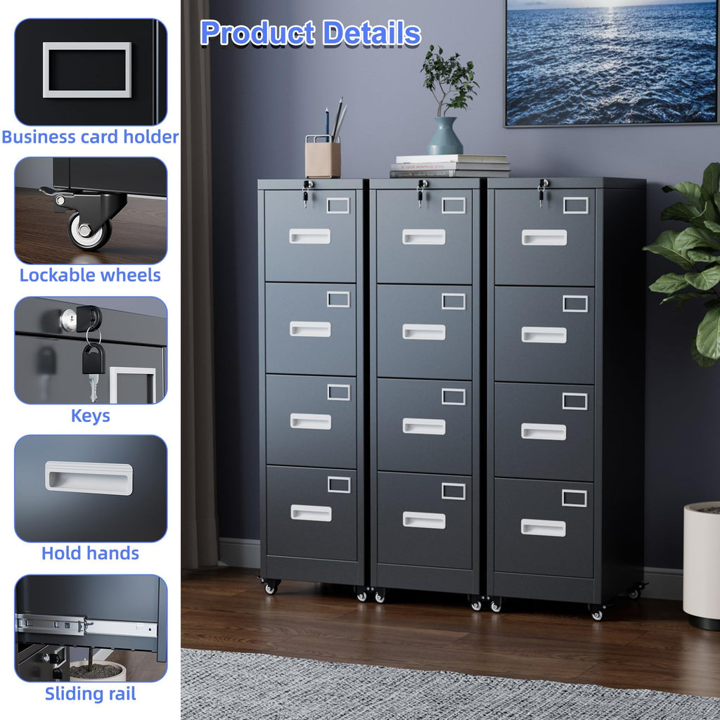 4 Drawer Metal File Cabinet with Lock, Black K115