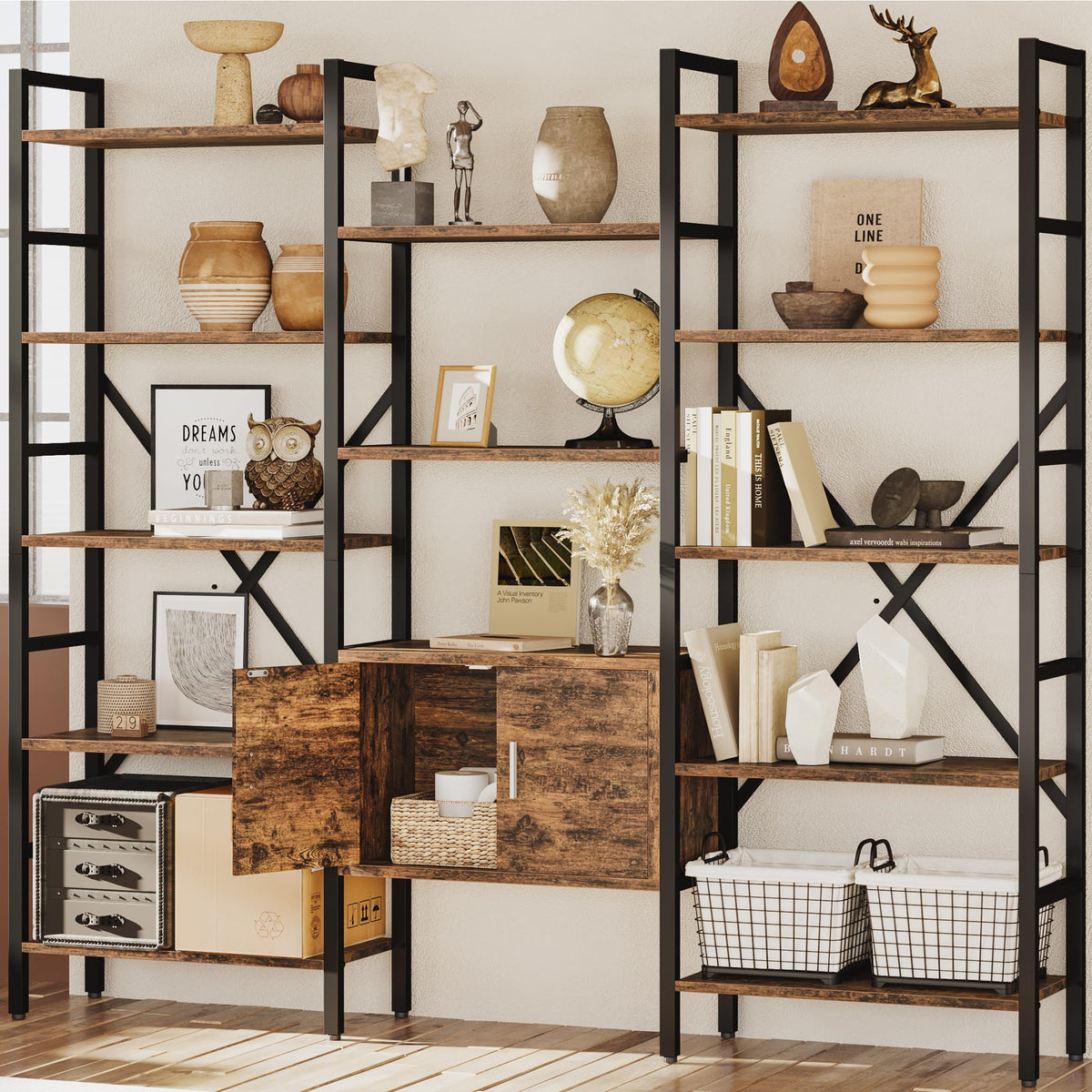 70 x 70" 5 Tier Bookcase with Storage Cabinet Rustic Brown X7671