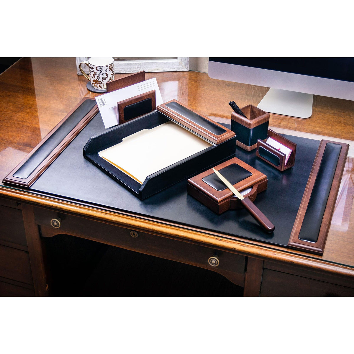 7 Piece Walnut Black Leather Desk Set N53368