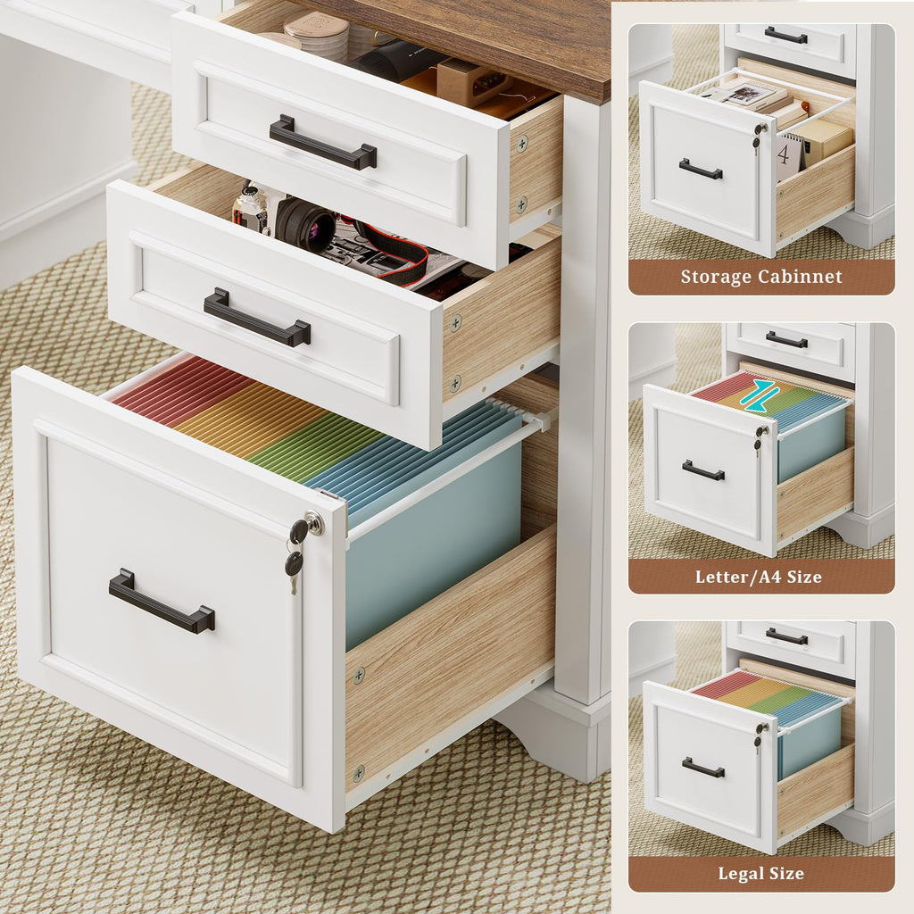 White Wood Executive Desk with Drawers and Storage Cabinet B812143