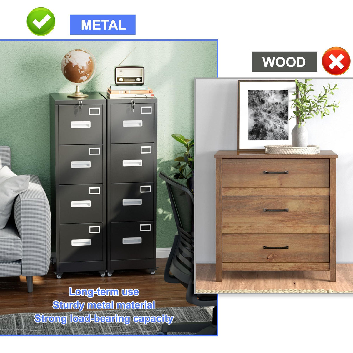 4 Drawer Metal File Cabinet with Lock, Black K115