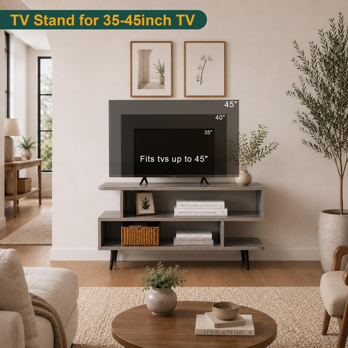 45 inch Light Grey TV Stand with 3-Tier Open Storage Shelves S148