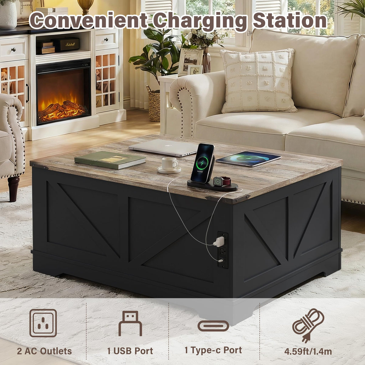 Black Lift Top Wood Coffee Table with Storage M95034