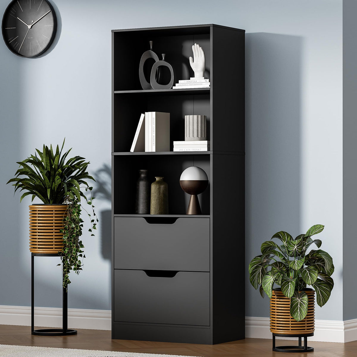 63" H Black Bookshelf with 2 Drawers M8182
