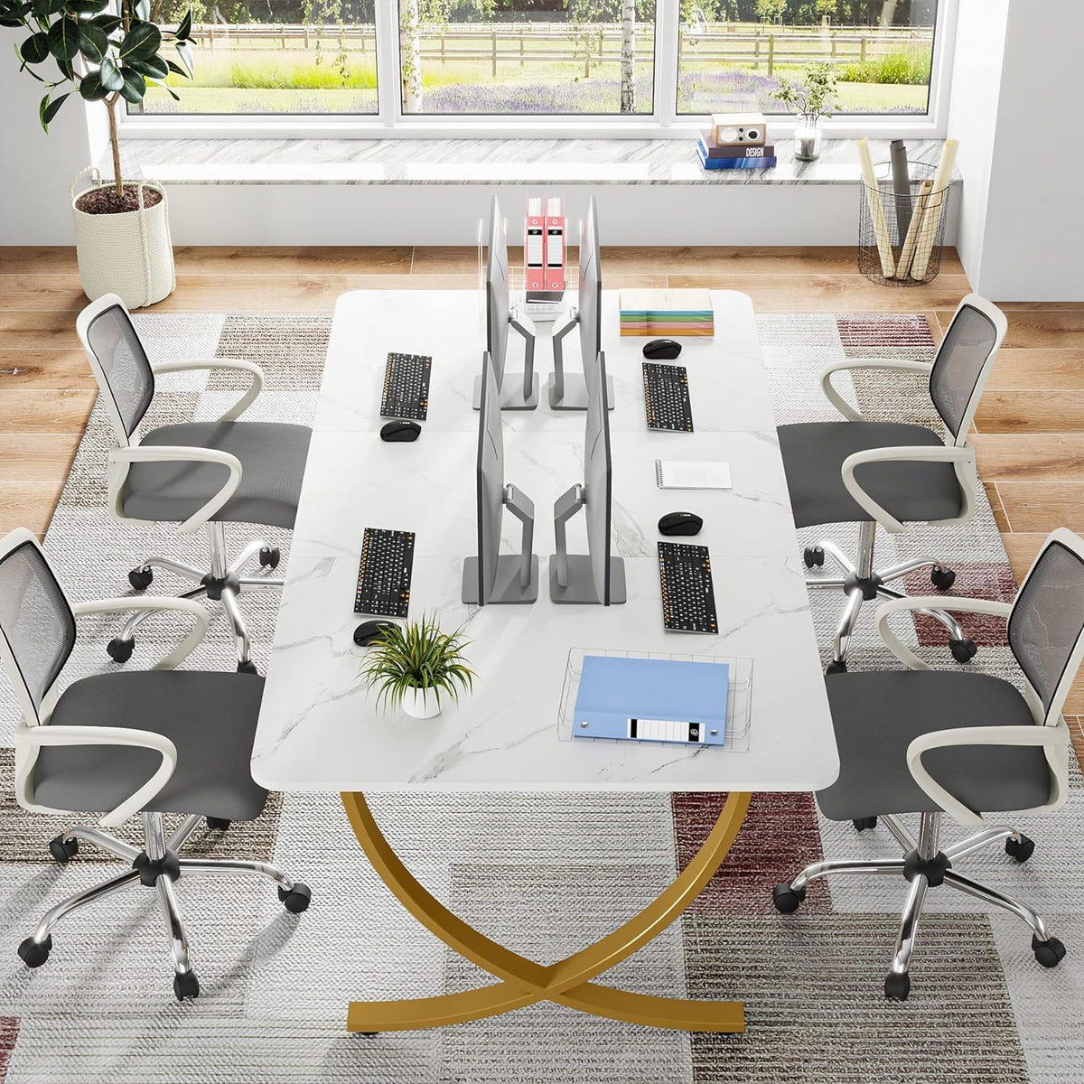 63” Large White and Gold Office Desk J67901