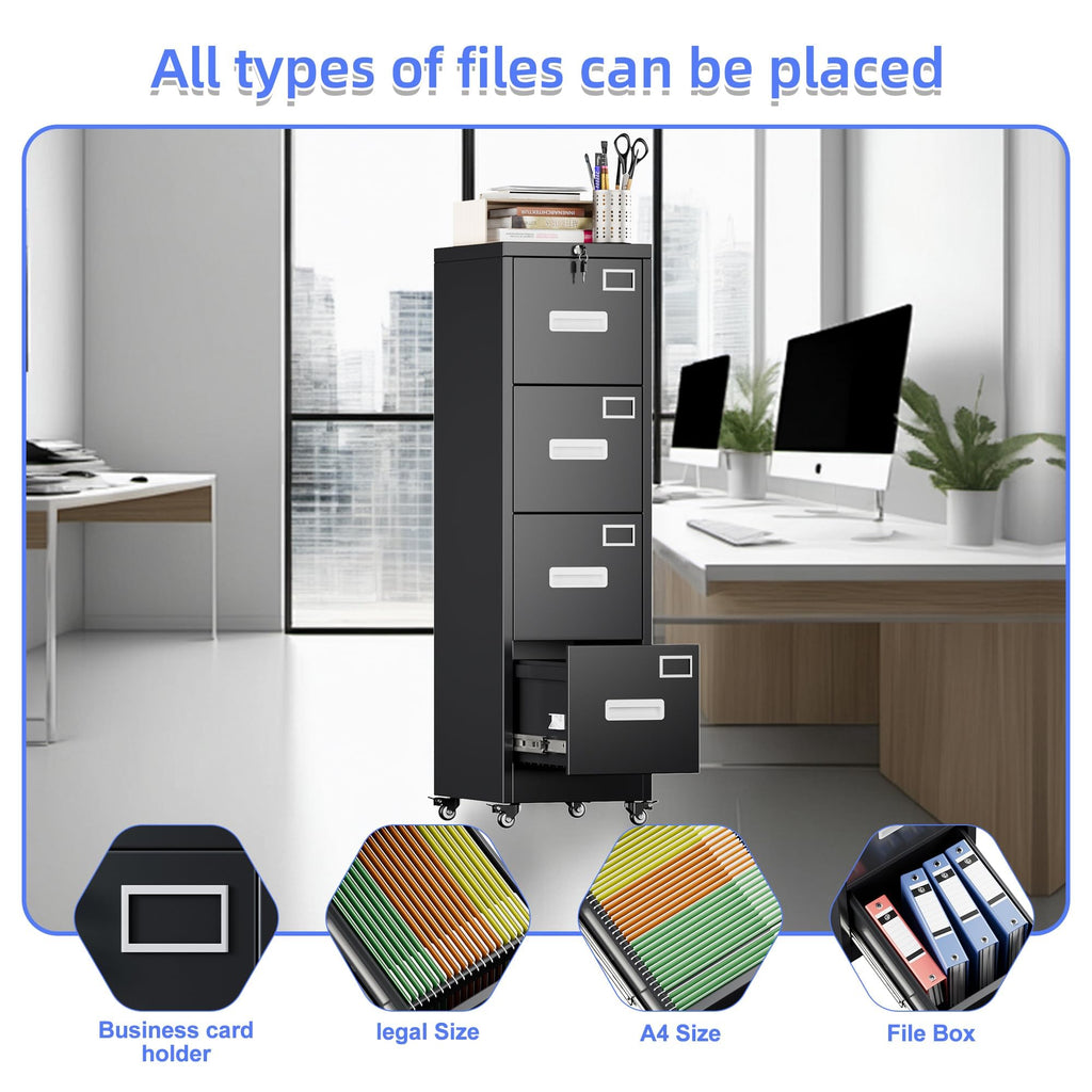 4 Drawer Metal File Cabinet with Lock, Black K115