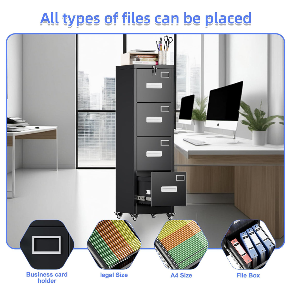 4 Drawer Metal File Cabinet with Lock, Black K115